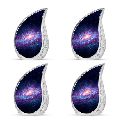 Cornflower Blue Galaxy Cremation Urn close-up of engraving and surface detail - graceful tear-shaped urn with galaxy motif - 10 inch aluminum urn for cremated remains