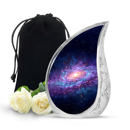 Dusty Blue Galaxy Cremation Urn front view showing detailed design - rounded teardrop galaxy design with delicate detail - full-size 10 inch 200 cubic inch adult cremation urn