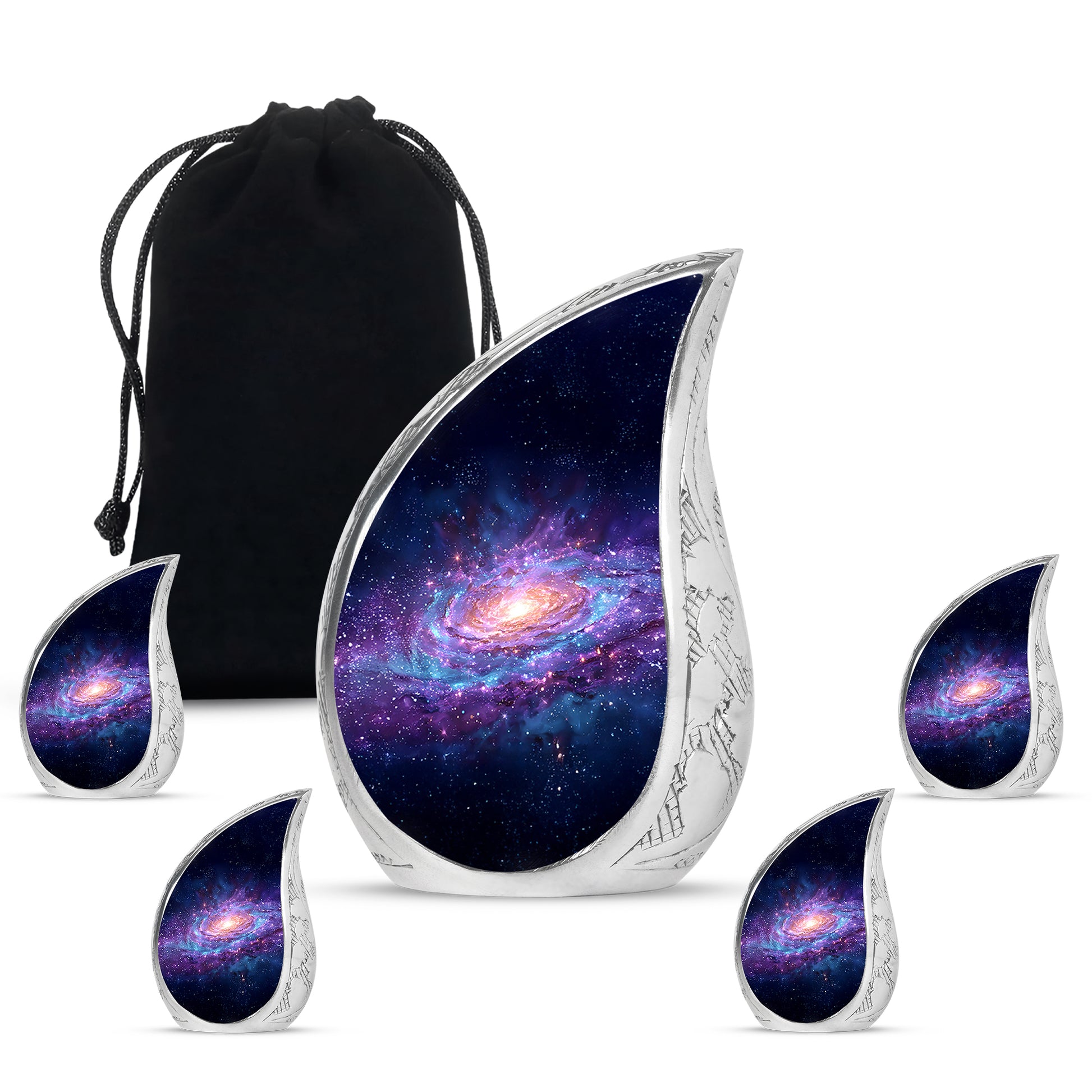 Misty Blue Galaxy Cremation Urn side profile showing urn shape - rounded teardrop galaxy design with delicate detail - memorial set with one large and four small urns