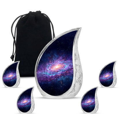 Misty Blue Galaxy Cremation Urn side profile showing urn shape - rounded teardrop galaxy design with delicate detail - memorial set with one large and four small urns
