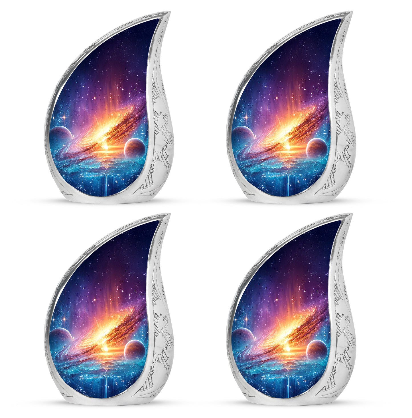 Pastel Blue Galaxy Cremation Urn close-up of engraving and surface detail - rounded teardrop galaxy design with delicate detail - 10 inch aluminum urn for cremated remains