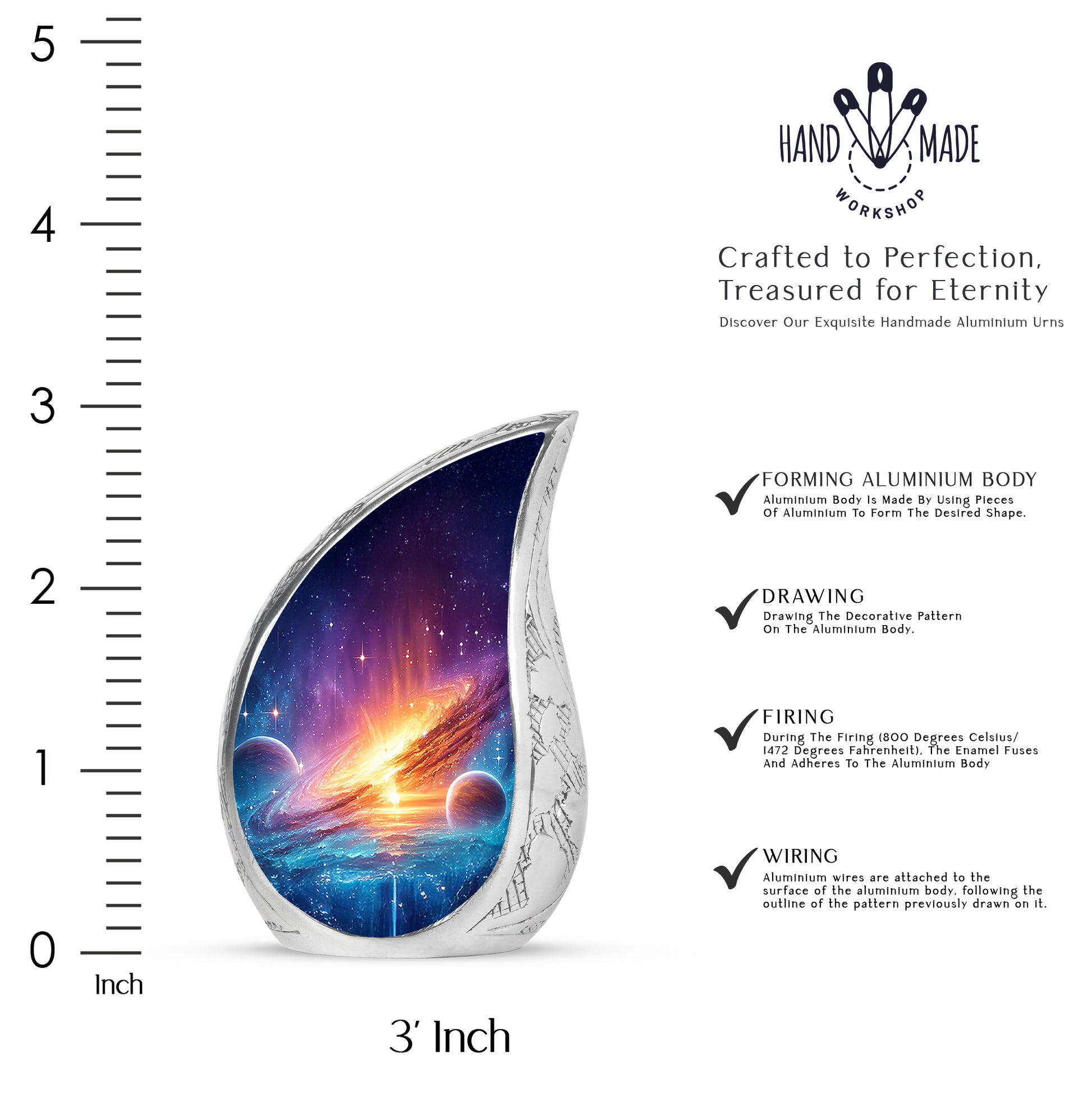 Cornflower Blue Galaxy Cremation Urn angled view of lid and engraved motif - smooth teardrop contour featuring galaxy art - mini keepsake memorial for portion of cremation ashes