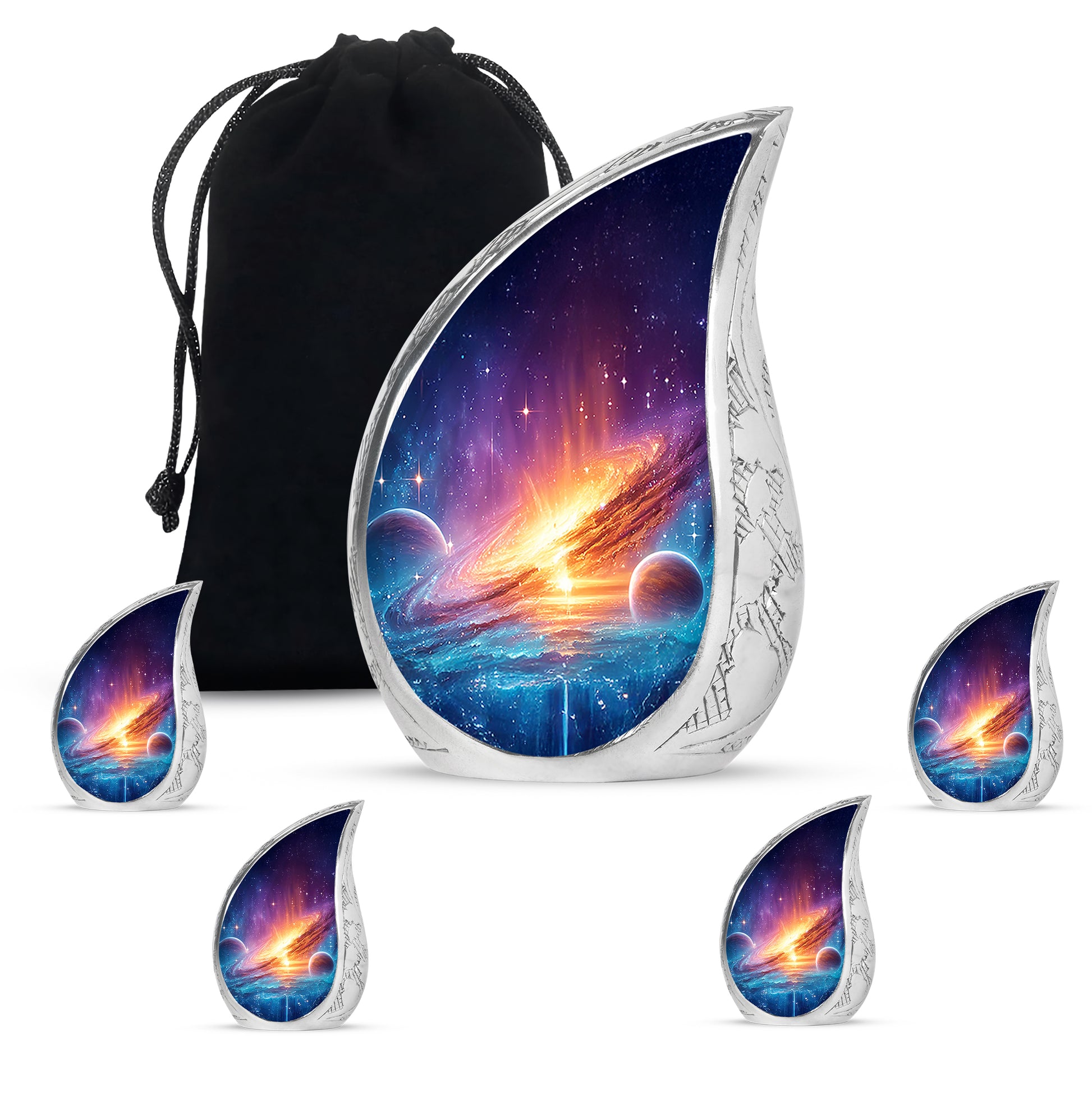 Dusty Blue Galaxy Cremation Urn side profile showing urn shape - flowing teardrop galaxy silhouette on curved aluminum - memorial set with one large and four small urns