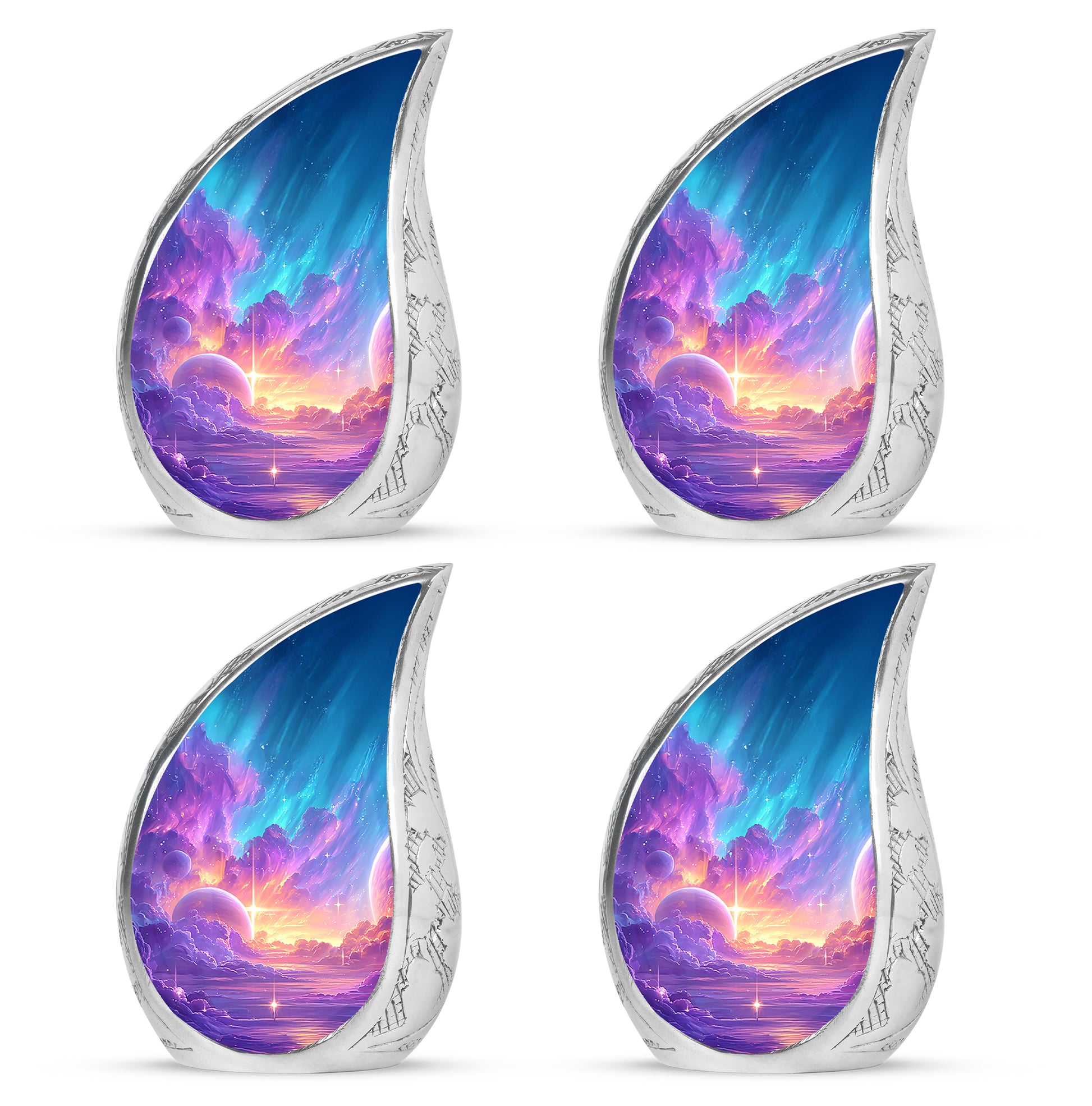 Majestic Purple Galaxy Cremation Urn close-up of engraving and surface detail - flowing teardrop galaxy silhouette on curved aluminum - 10 inch aluminum urn for cremated remains