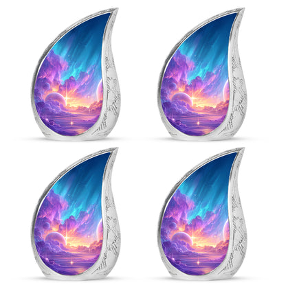 Majestic Purple Galaxy Cremation Urn close-up of engraving and surface detail - flowing teardrop galaxy silhouette on curved aluminum - 10 inch aluminum urn for cremated remains
