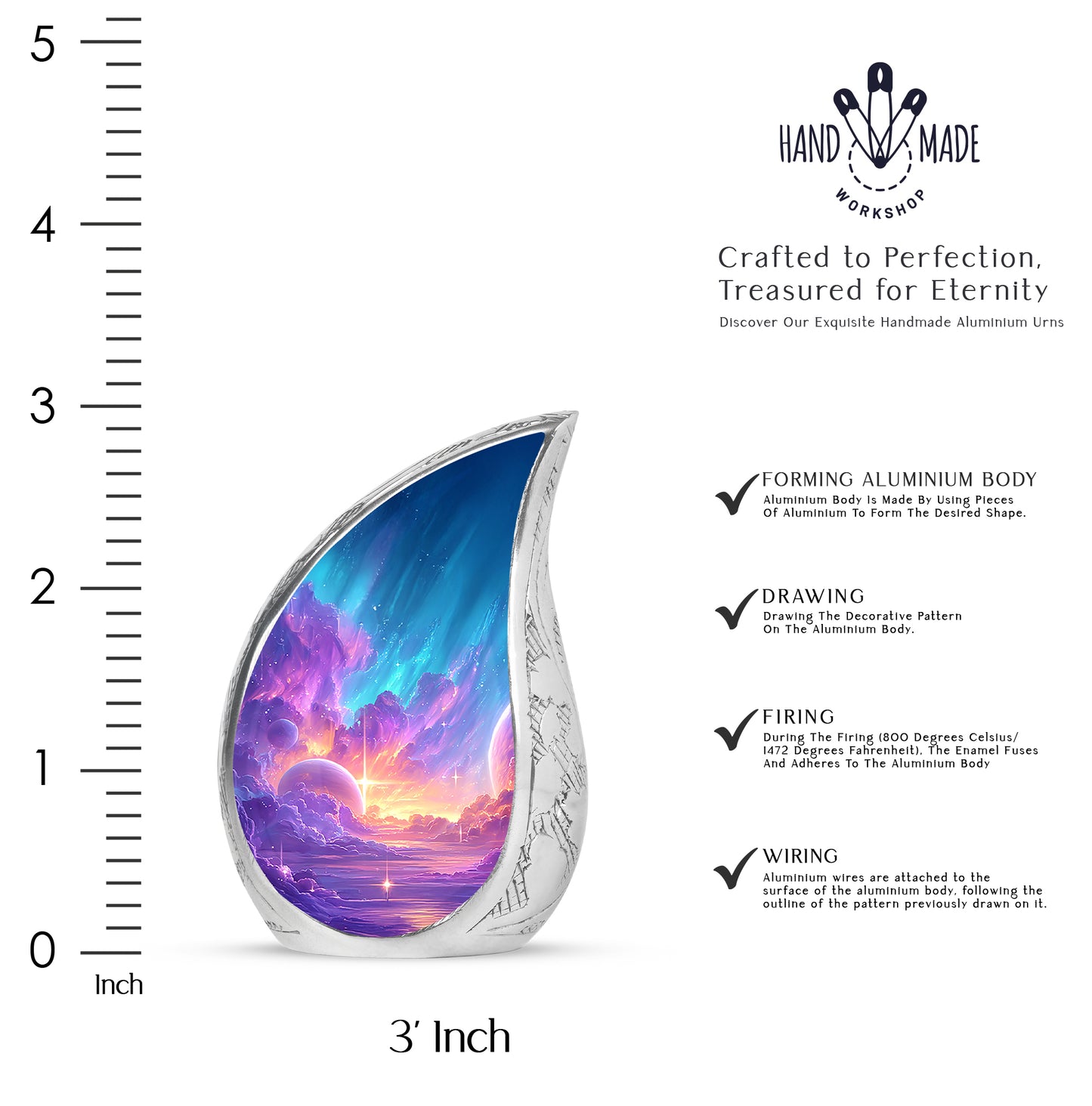 Deep Purple Galaxy Cremation Urn angled view of lid and engraved motif - flowing teardrop galaxy silhouette on curved aluminum - mini keepsake memorial for portion of cremation ashes