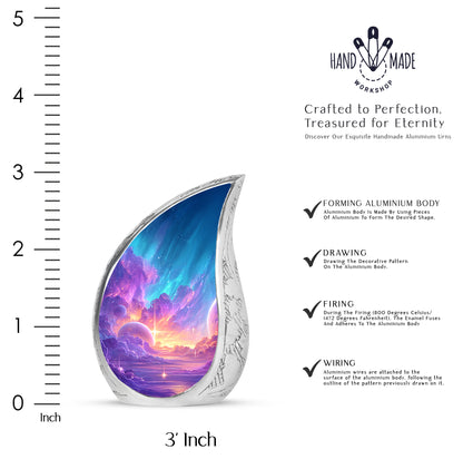 Deep Purple Galaxy Cremation Urn angled view of lid and engraved motif - flowing teardrop galaxy silhouette on curved aluminum - mini keepsake memorial for portion of cremation ashes