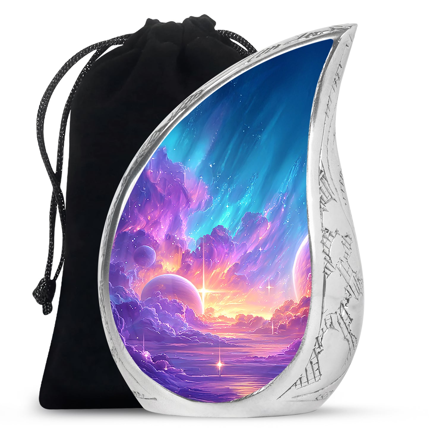 Royal Purple Galaxy Cremation Urn front view showing detailed design - graceful tear-shaped urn with galaxy motif - full-size 10 inch 200 cubic inch adult cremation urn