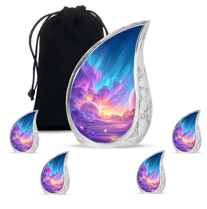 Lavender Purple Galaxy Cremation Urn side profile showing urn shape - graceful tear-shaped urn with galaxy motif - memorial set with one large and four small urns