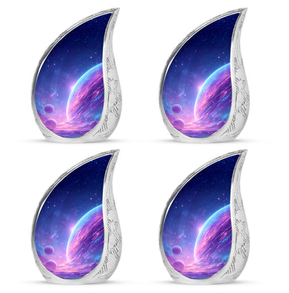 Indigo Galaxy Cremation Urn close-up of engraving and surface detail - flowing teardrop galaxy silhouette on curved aluminum - 10 inch aluminum urn for cremated remains