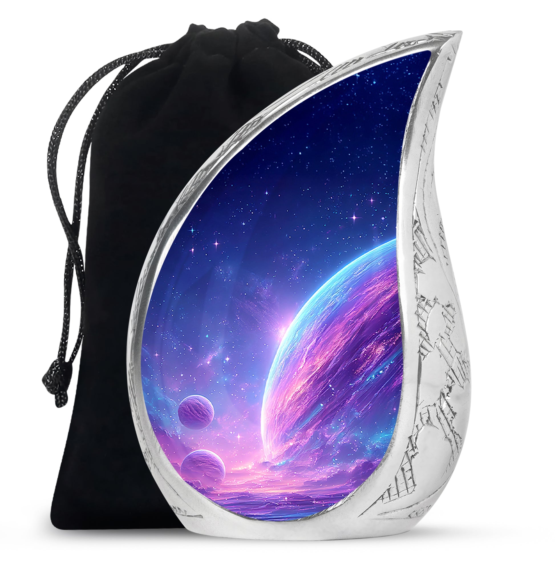 Cobalt Blue Galaxy Cremation Urn front view showing detailed design - smooth teardrop contour featuring galaxy art - full-size 10 inch 200 cubic inch adult cremation urn