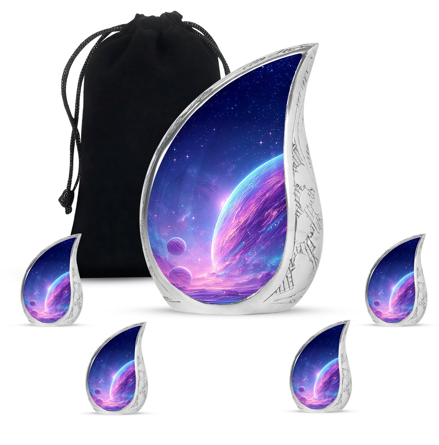 Slate Blue Galaxy Cremation Urn side profile showing urn shape - flowing teardrop galaxy silhouette on curved aluminum - memorial set with one large and four small urns