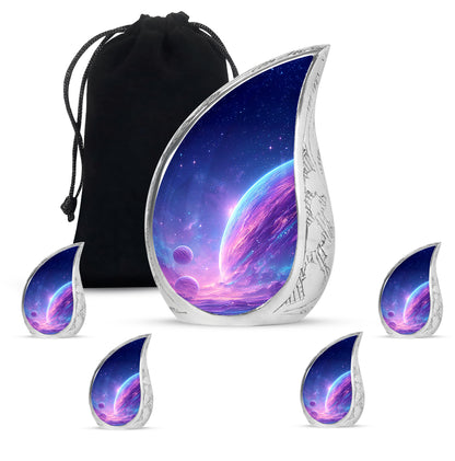 Slate Blue Galaxy Cremation Urn side profile showing urn shape - flowing teardrop galaxy silhouette on curved aluminum - memorial set with one large and four small urns