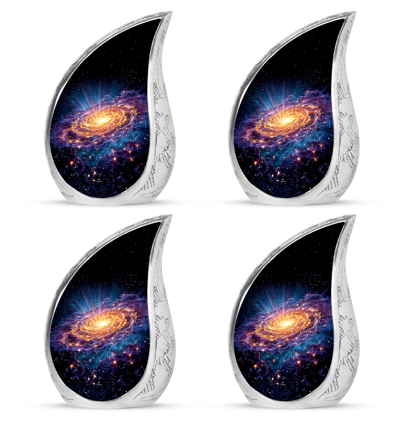 Rich Black Galaxy Cremation Urn close-up of engraving and surface detail - rounded teardrop galaxy design with delicate detail - 10 inch aluminum urn for cremated remains