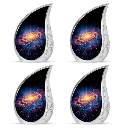 Rich Black Galaxy Cremation Urn close-up of engraving and surface detail - rounded teardrop galaxy design with delicate detail - 10 inch aluminum urn for cremated remains