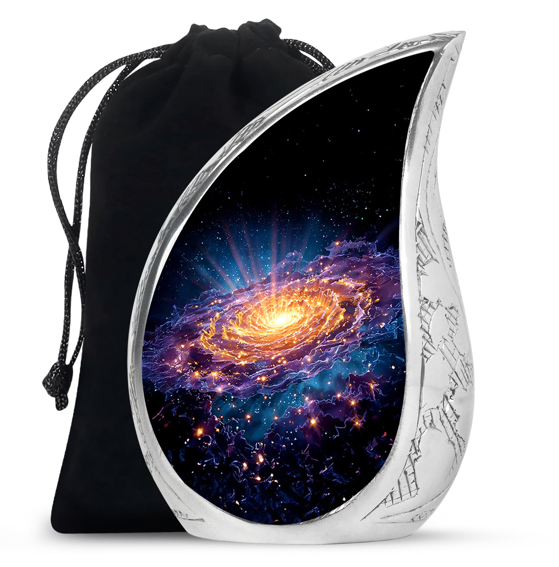 Onyx Black Galaxy Cremation Urn front view showing detailed design - smooth teardrop contour featuring galaxy art - full-size 10 inch 200 cubic inch adult cremation urn