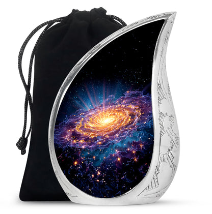 Onyx Black Galaxy Cremation Urn front view showing detailed design - smooth teardrop contour featuring galaxy art - full-size 10 inch 200 cubic inch adult cremation urn