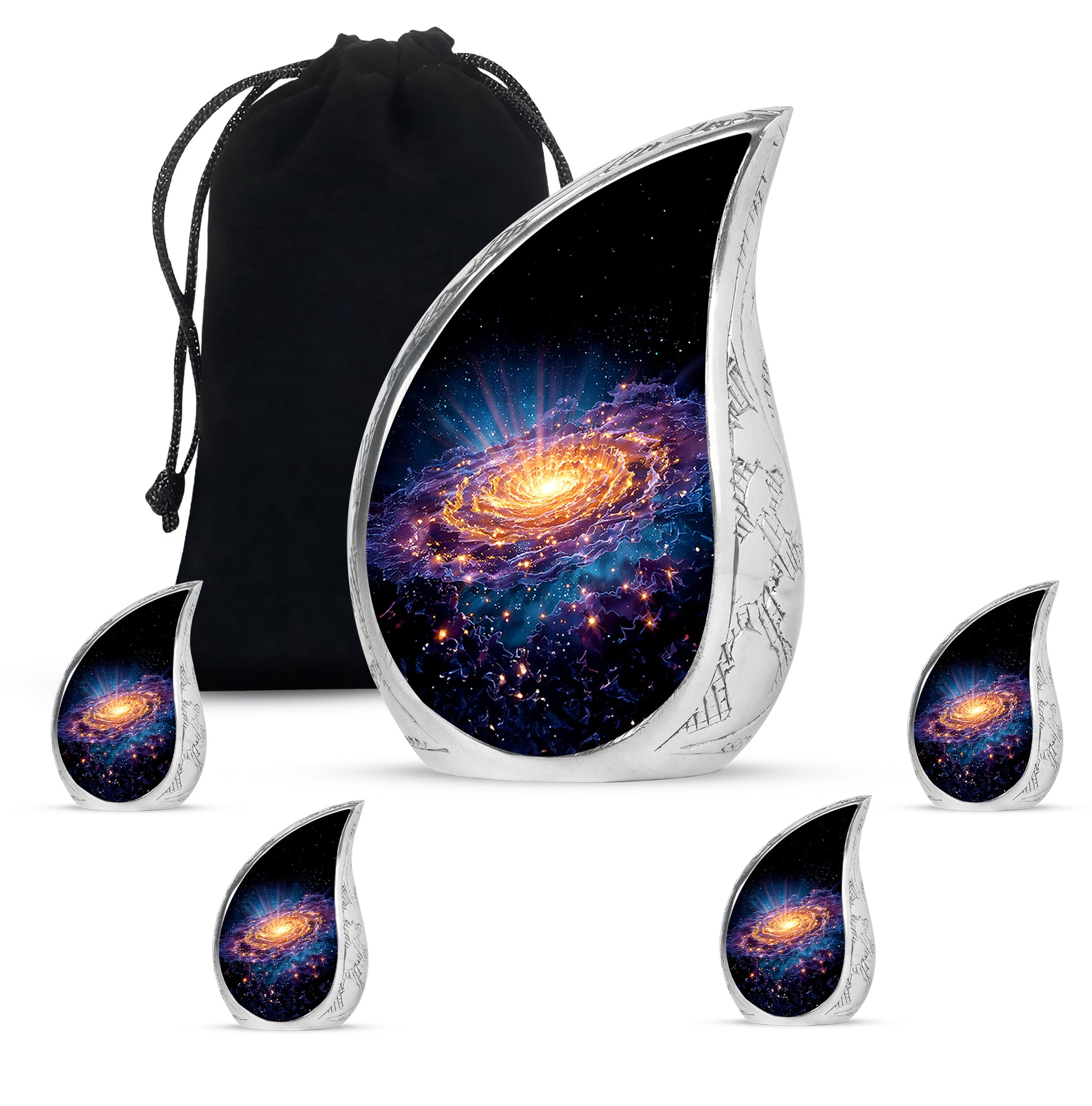 Ebony Galaxy Cremation Urn side profile showing urn shape - rounded teardrop galaxy design with delicate detail - memorial set with one large and four small urns