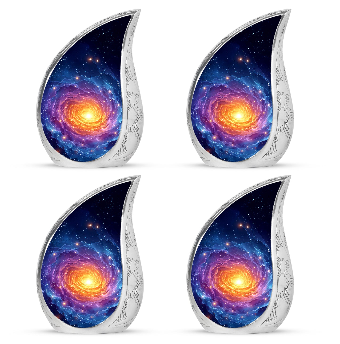 Icy Blue Galaxy Cremation Urn close-up of engraving and surface detail - rounded teardrop galaxy design with delicate detail - 10 inch aluminum urn for cremated remains