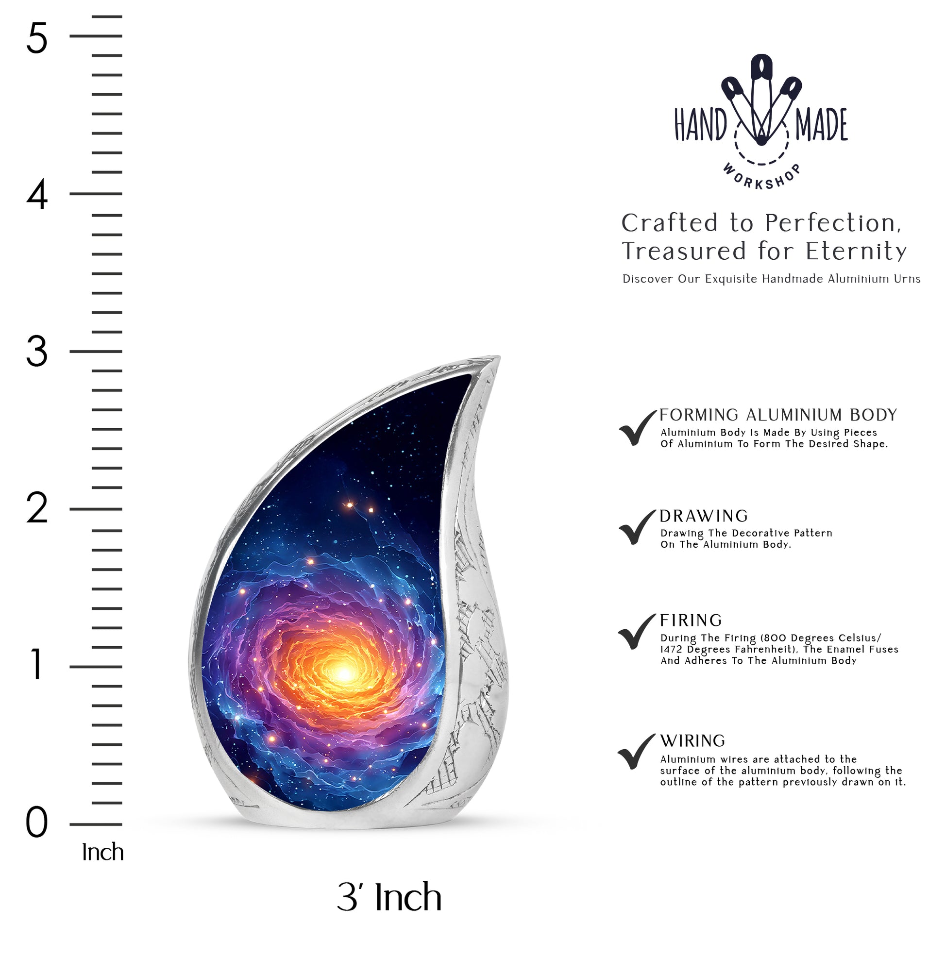 Misty Blue Galaxy Cremation Urn angled view of lid and engraved motif - flowing teardrop galaxy silhouette on curved aluminum - mini keepsake memorial for portion of cremation ashes