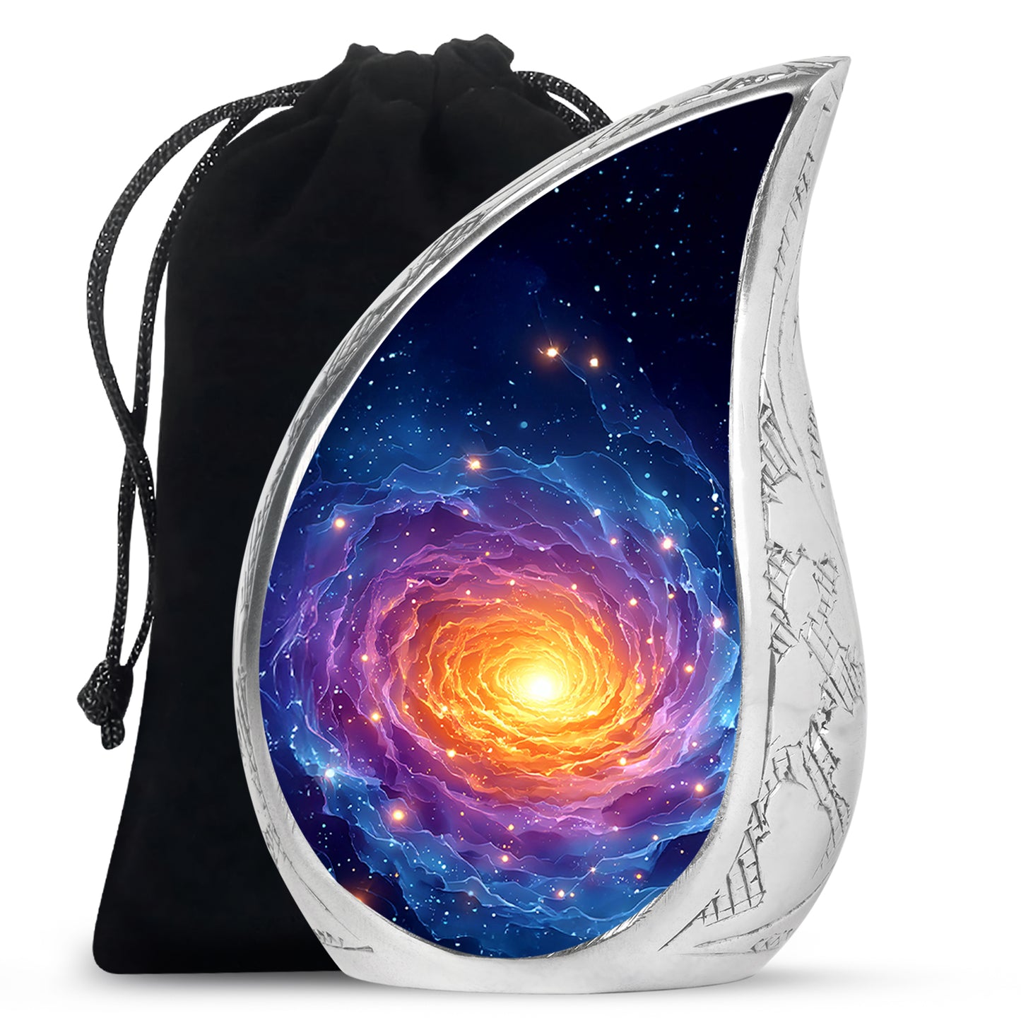 Sky Blue Galaxy Cremation Urn front view showing detailed design - flowing teardrop galaxy silhouette on curved aluminum - full-size 10 inch 200 cubic inch adult cremation urn