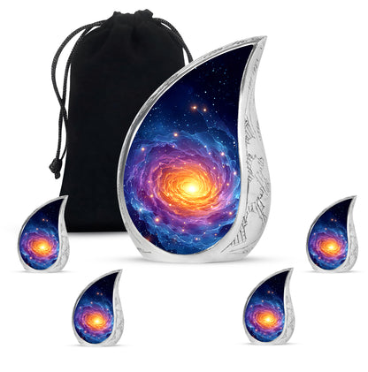 Vivid Blue Galaxy Cremation Urn side profile showing urn shape - smooth teardrop contour featuring galaxy art - memorial set with one large and four small urns