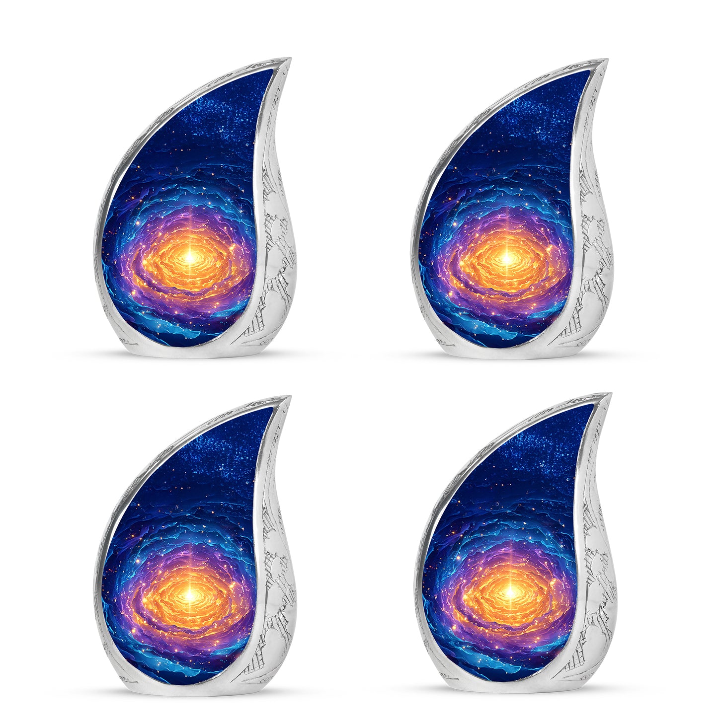 Celestial Blue Galaxy Cremation Urn close-up of engraving and surface detail - flowing teardrop galaxy silhouette on curved aluminum - 10 inch aluminum urn for cremated remains