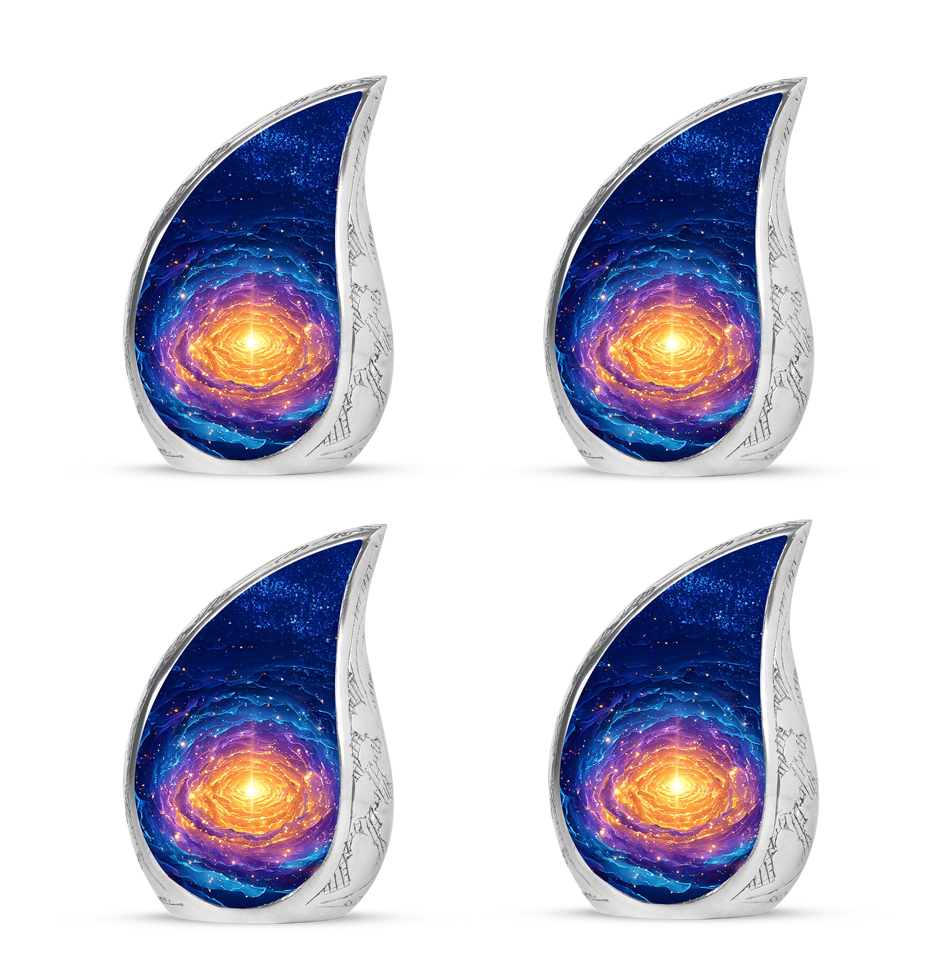 Celestial Blue Galaxy Cremation Urn close-up of engraving and surface detail - flowing teardrop galaxy silhouette on curved aluminum - 10 inch aluminum urn for cremated remains