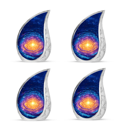 Celestial Blue Galaxy Cremation Urn close-up of engraving and surface detail - flowing teardrop galaxy silhouette on curved aluminum - 10 inch aluminum urn for cremated remains