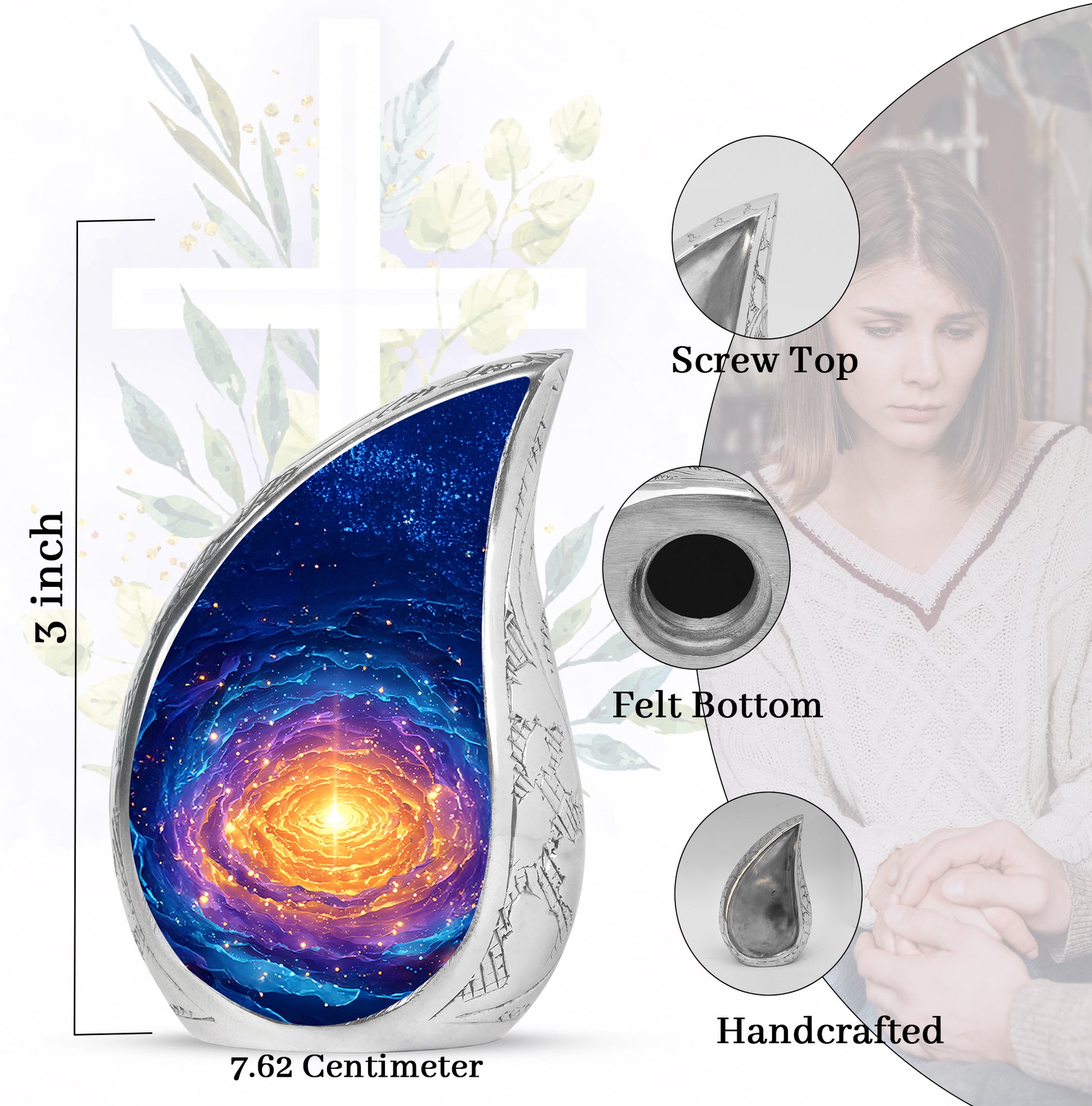 Vivid Blue Galaxy Cremation Urn angled view of lid and engraved motif - graceful tear-shaped urn with galaxy motif - mini keepsake memorial for portion of cremation ashes