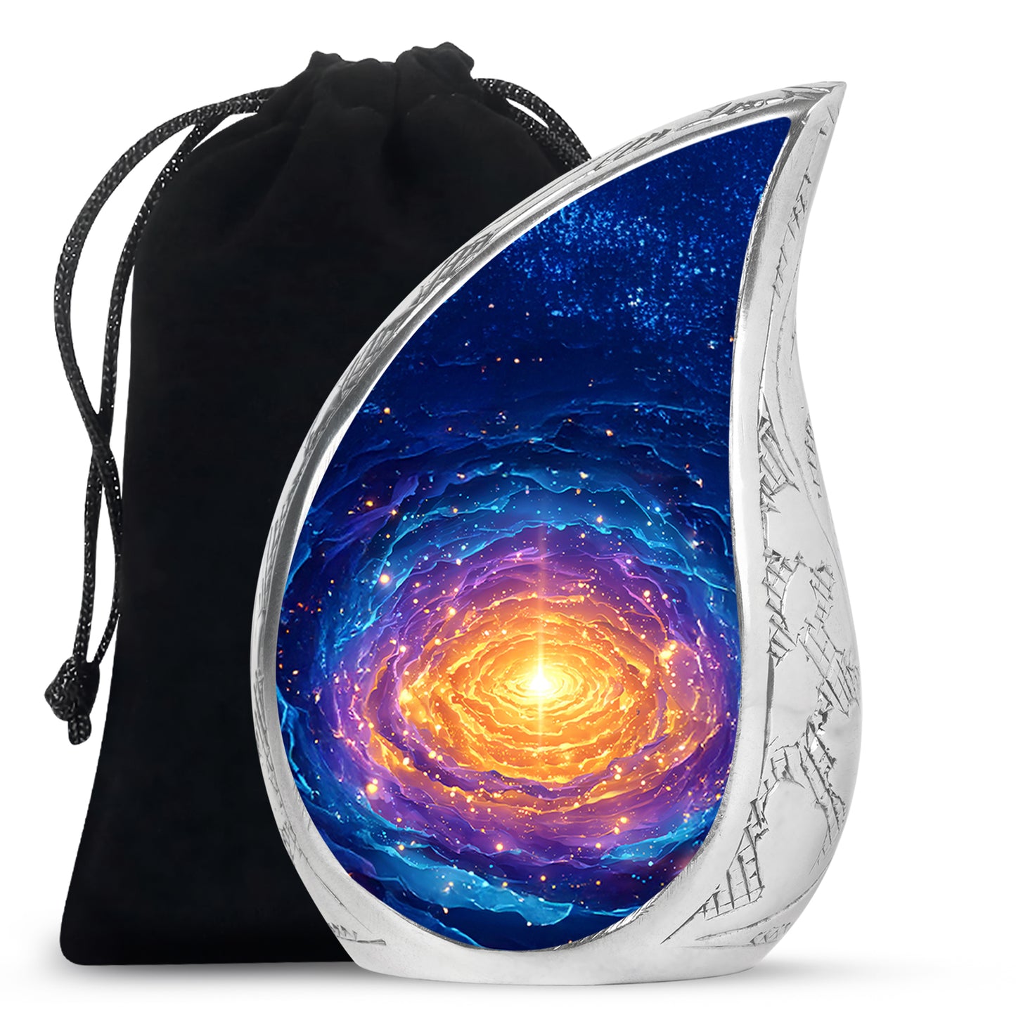 Soft Blue Galaxy Cremation Urn front view showing detailed design - graceful tear-shaped urn with galaxy motif - full-size 10 inch 200 cubic inch adult cremation urn