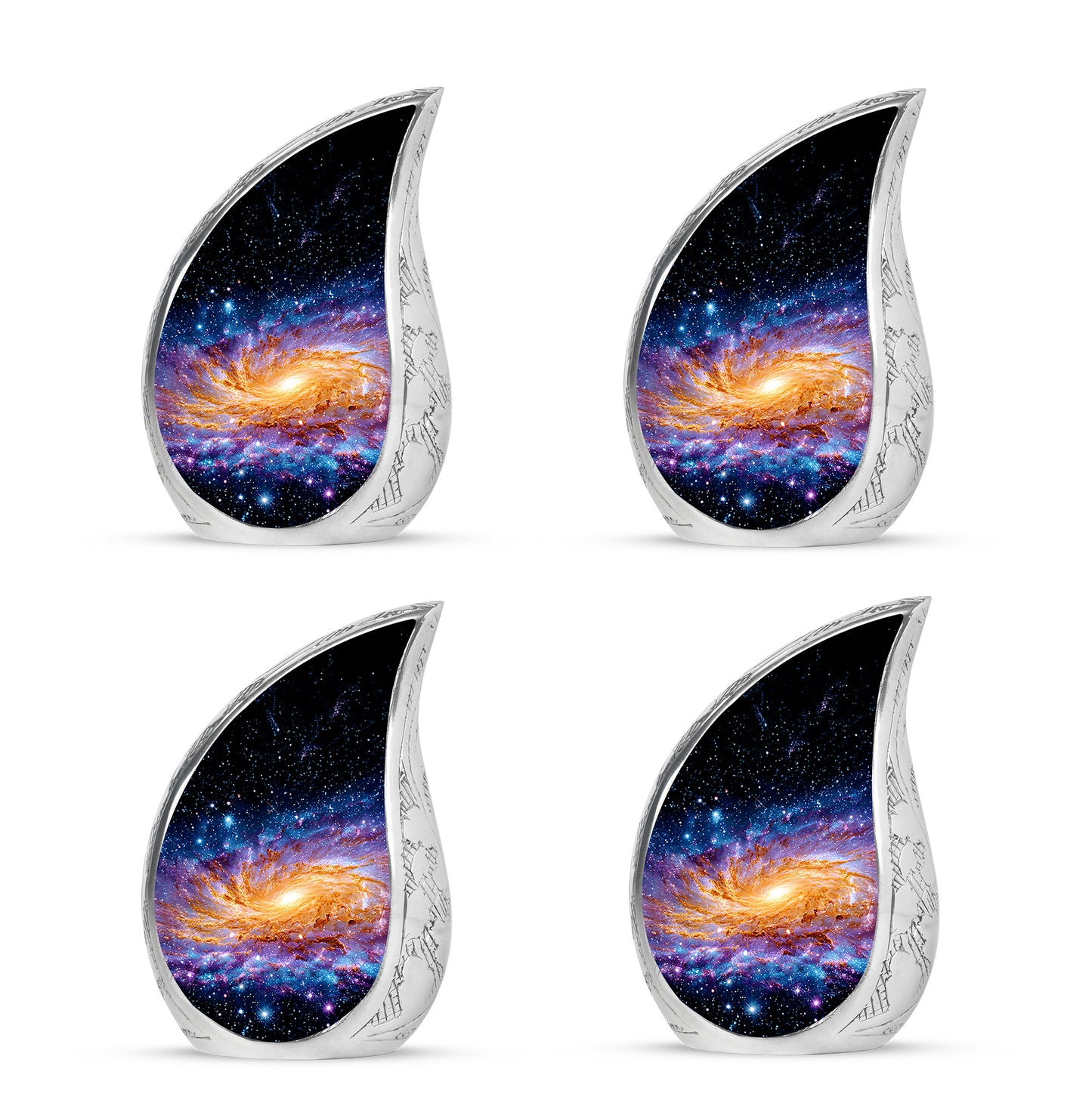Onyx Black Galaxy Cremation Urn close-up of engraving and surface detail - graceful tear-shaped urn with galaxy motif - 10 inch aluminum urn for cremated remains