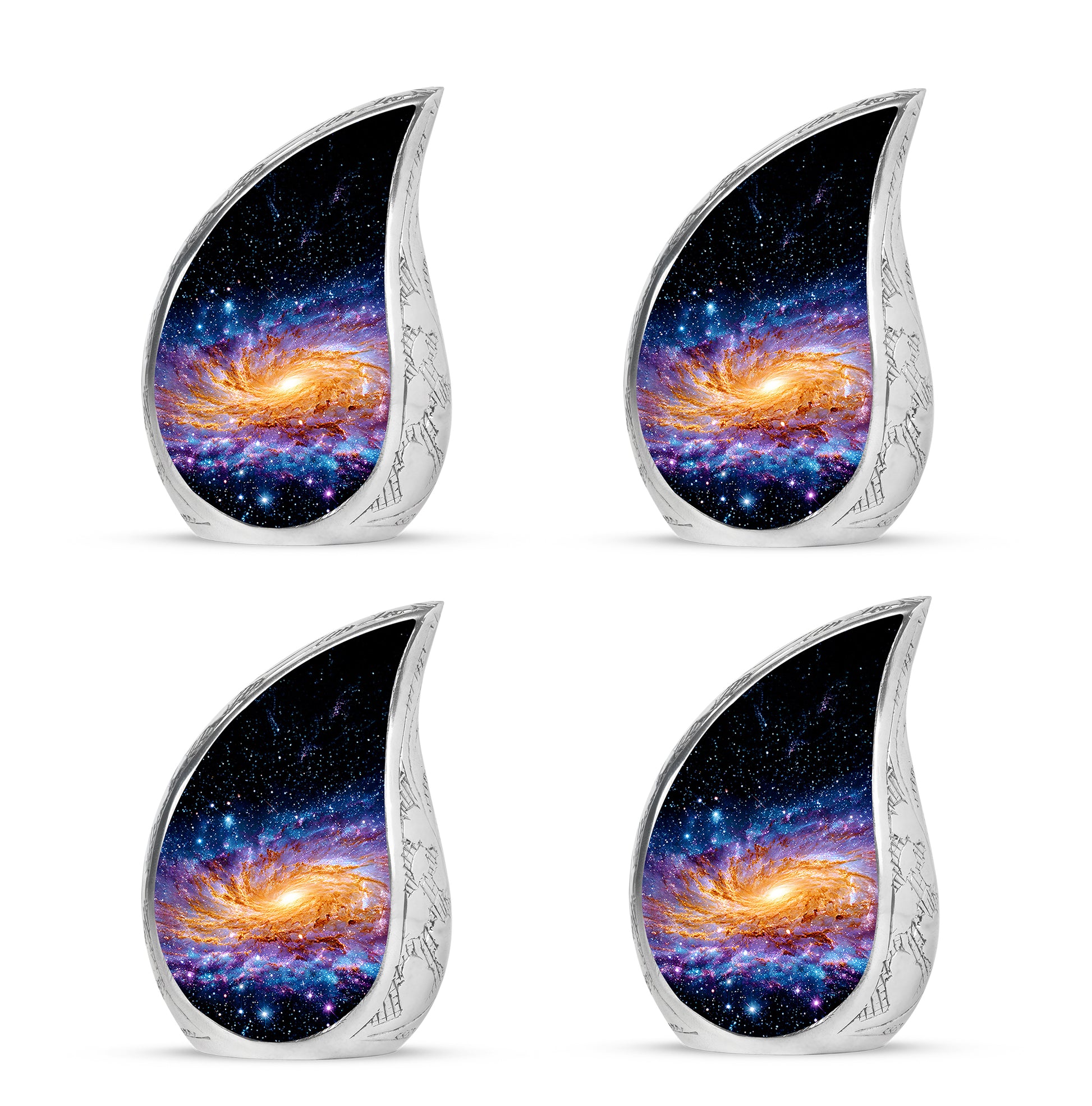 Onyx Black Galaxy Cremation Urn close-up of engraving and surface detail - graceful tear-shaped urn with galaxy motif - 10 inch aluminum urn for cremated remains