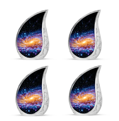Onyx Black Galaxy Cremation Urn close-up of engraving and surface detail - graceful tear-shaped urn with galaxy motif - 10 inch aluminum urn for cremated remains