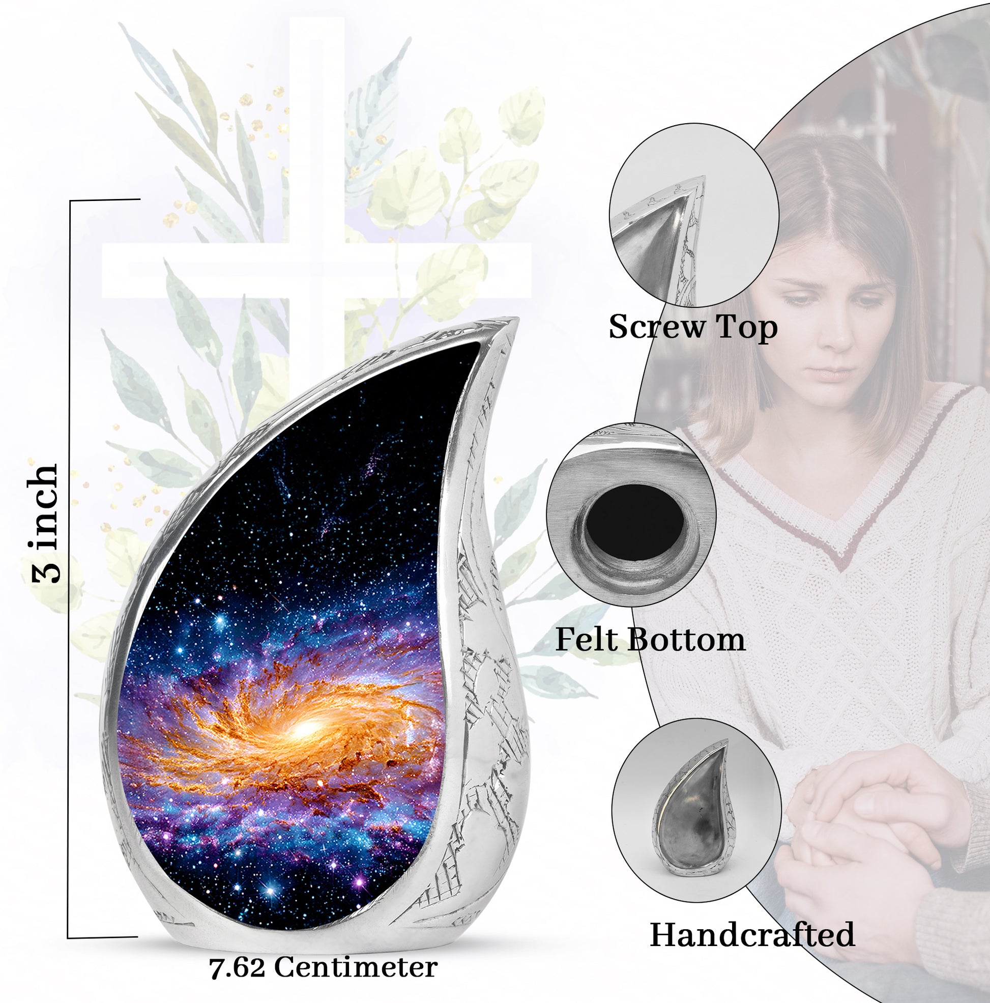 Midnight Black Galaxy Cremation Urn angled view of lid and engraved motif - graceful tear-shaped urn with galaxy motif - mini keepsake memorial for portion of cremation ashes