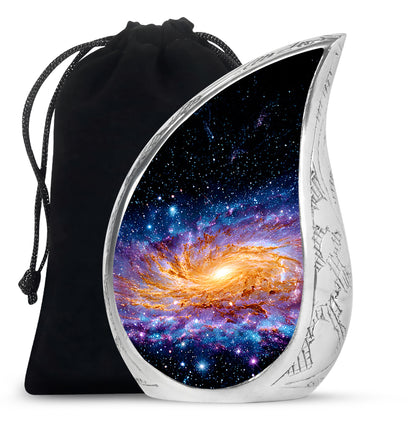 Glossy Black Galaxy Cremation Urn front view showing detailed design - flowing teardrop galaxy silhouette on curved aluminum - full-size 10 inch 200 cubic inch adult cremation urn
