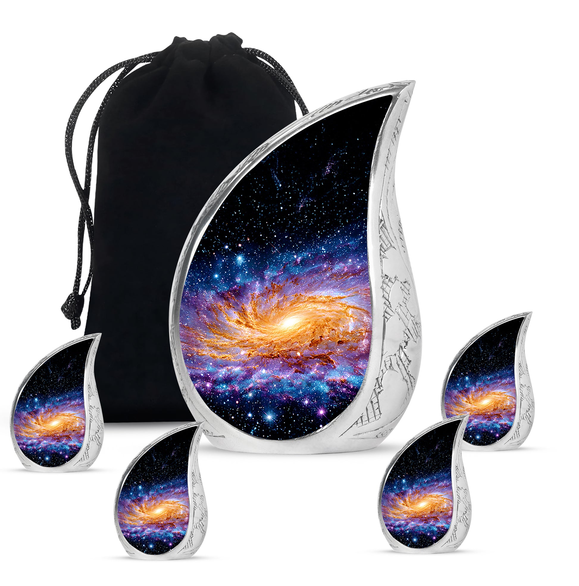 Deep Black Galaxy Cremation Urn side profile showing urn shape - flowing teardrop galaxy silhouette on curved aluminum - memorial set with one large and four small urns