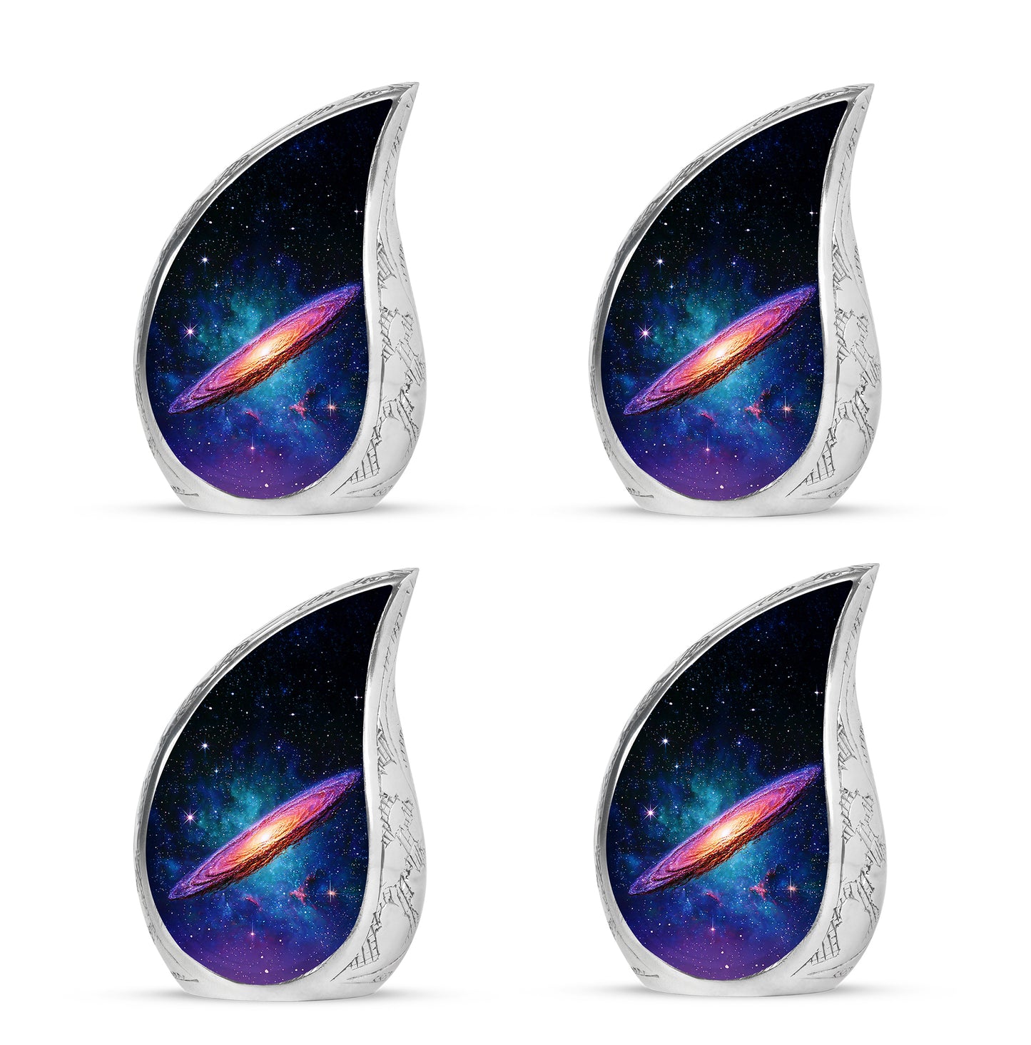 Rich Black Galaxy Cremation Urn close-up of engraving and surface detail - rounded teardrop galaxy design with delicate detail - 10 inch aluminum urn for cremated remains