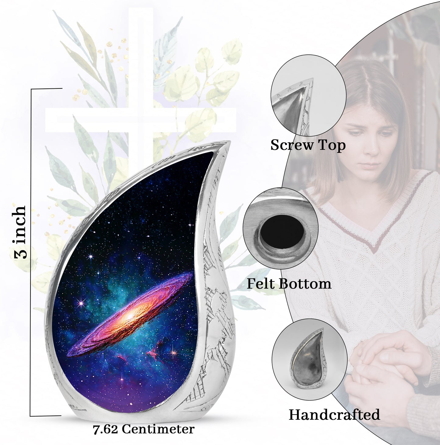 Dark Black Galaxy Cremation Urn angled view of lid and engraved motif - smooth teardrop contour featuring galaxy art - mini keepsake memorial for portion of cremation ashes