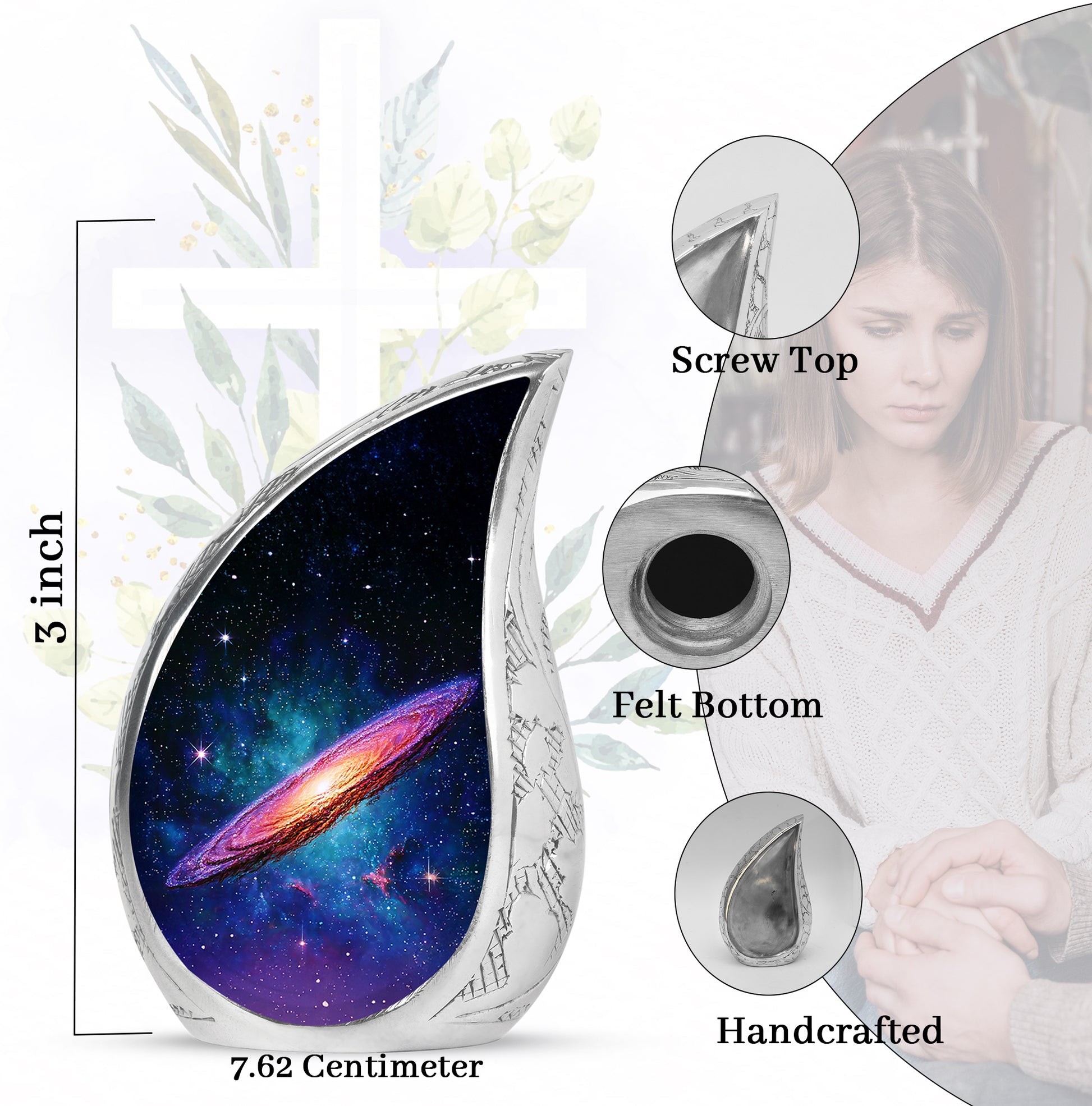 Dark Black Galaxy Cremation Urn angled view of lid and engraved motif - smooth teardrop contour featuring galaxy art - mini keepsake memorial for portion of cremation ashes
