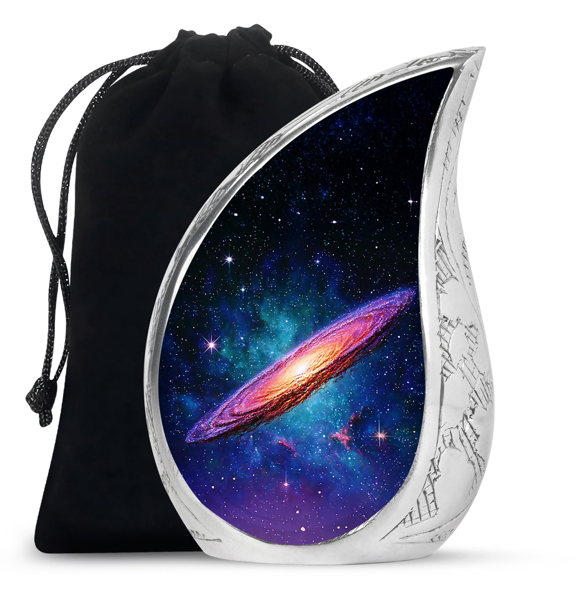 Glossy Black Galaxy Cremation Urn front view showing detailed design - rounded teardrop galaxy design with delicate detail - full-size 10 inch 200 cubic inch adult cremation urn