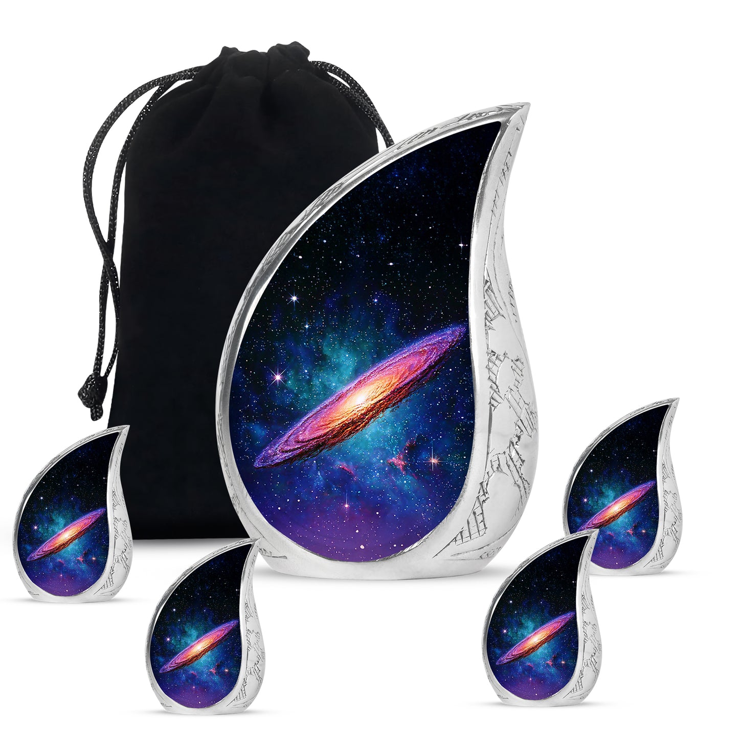 Jet Black Galaxy Cremation Urn side profile showing urn shape - flowing teardrop galaxy silhouette on curved aluminum - memorial set with one large and four small urns