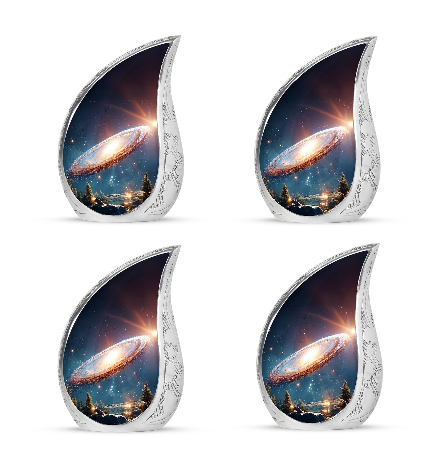 Dusty Blue Galaxy Cremation Urn close-up of engraving and surface detail - flowing teardrop galaxy silhouette on curved aluminum - 10 inch aluminum urn for cremated remains