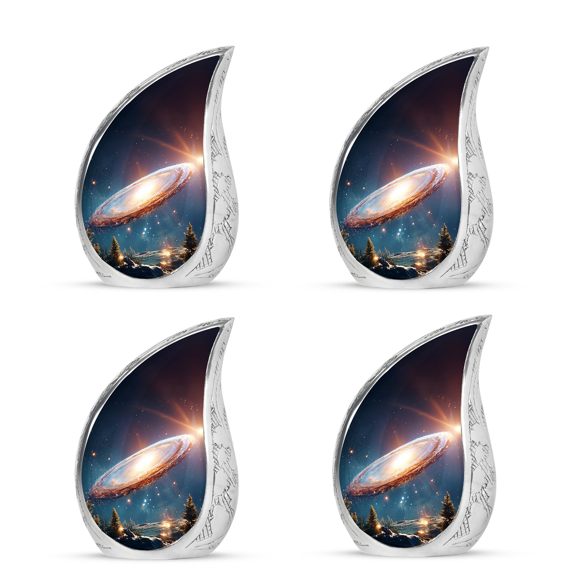 Dusty Blue Galaxy Cremation Urn close-up of engraving and surface detail - flowing teardrop galaxy silhouette on curved aluminum - 10 inch aluminum urn for cremated remains