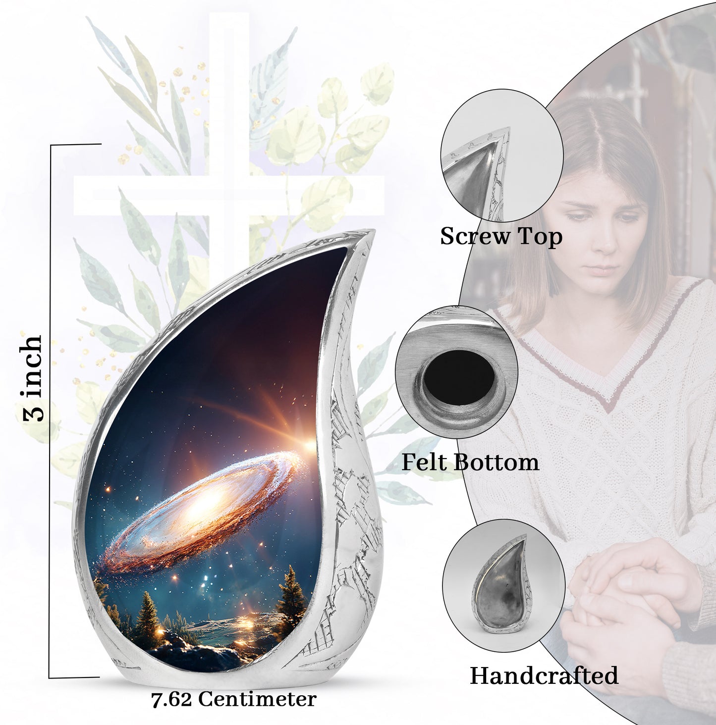 Powder Blue Galaxy Cremation Urn angled view of lid and engraved motif - flowing teardrop galaxy silhouette on curved aluminum - mini keepsake memorial for portion of cremation ashes