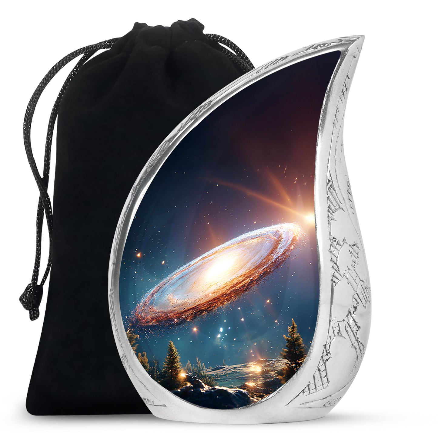Cobalt Blue Galaxy Cremation Urn front view showing detailed design - smooth teardrop contour featuring galaxy art - full-size 10 inch 200 cubic inch adult cremation urn