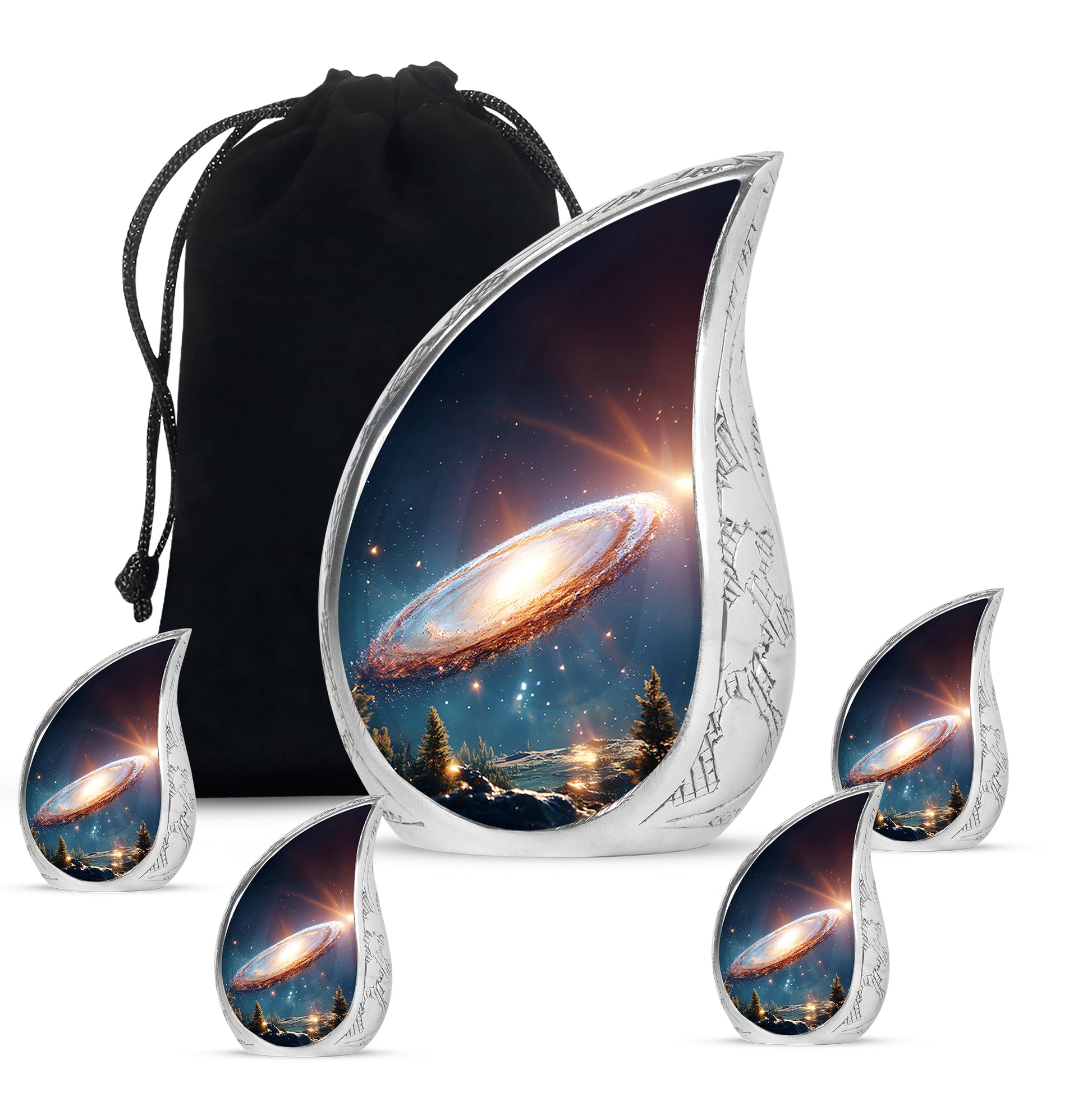 Soft Blue Galaxy Cremation Urn side profile showing urn shape - smooth teardrop contour featuring galaxy art - memorial set with one large and four small urns