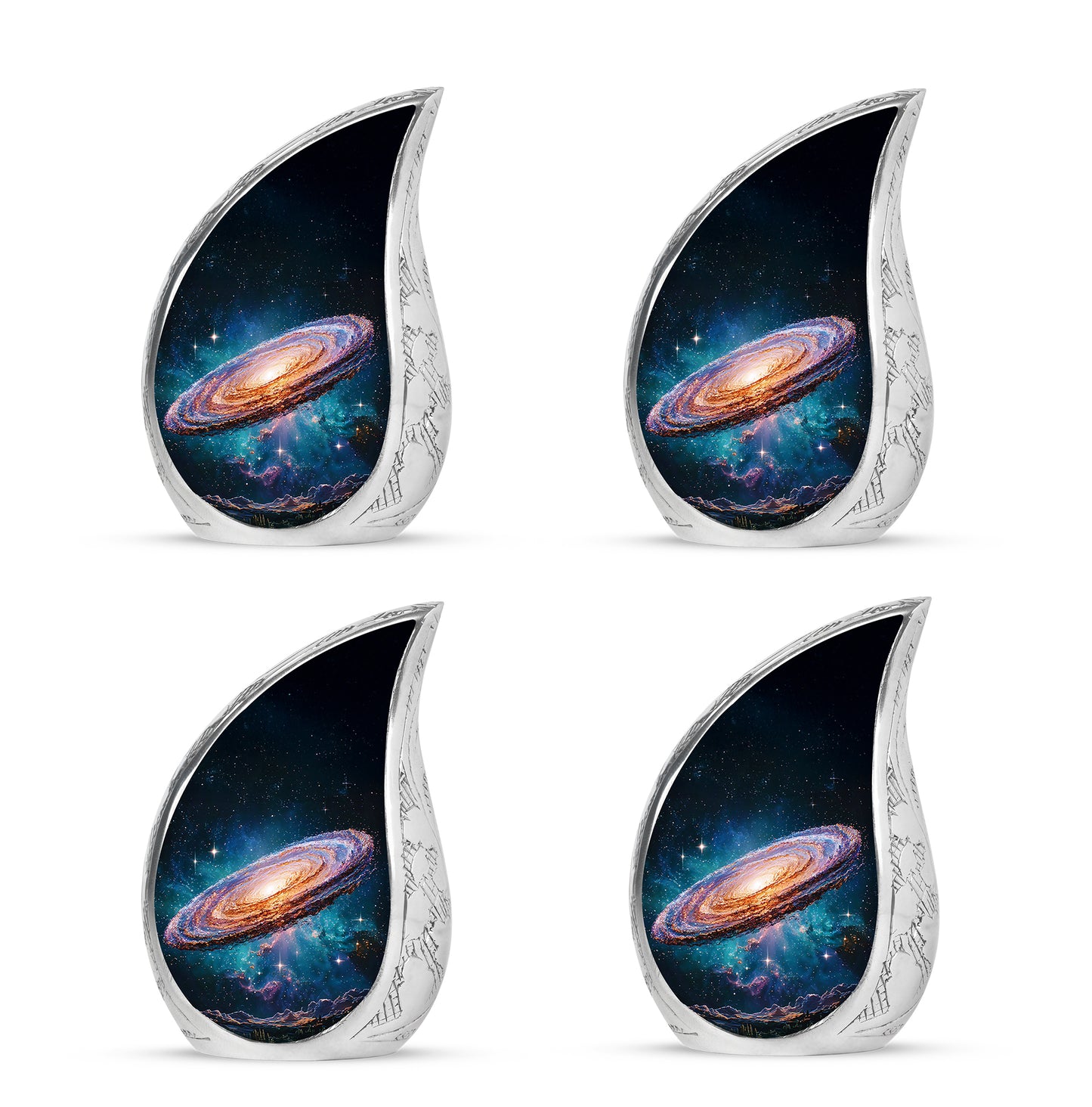 Obsidian Black Galaxy Cremation Urn close-up of engraving and surface detail - smooth teardrop contour featuring galaxy art - 10 inch aluminum urn for cremated remains