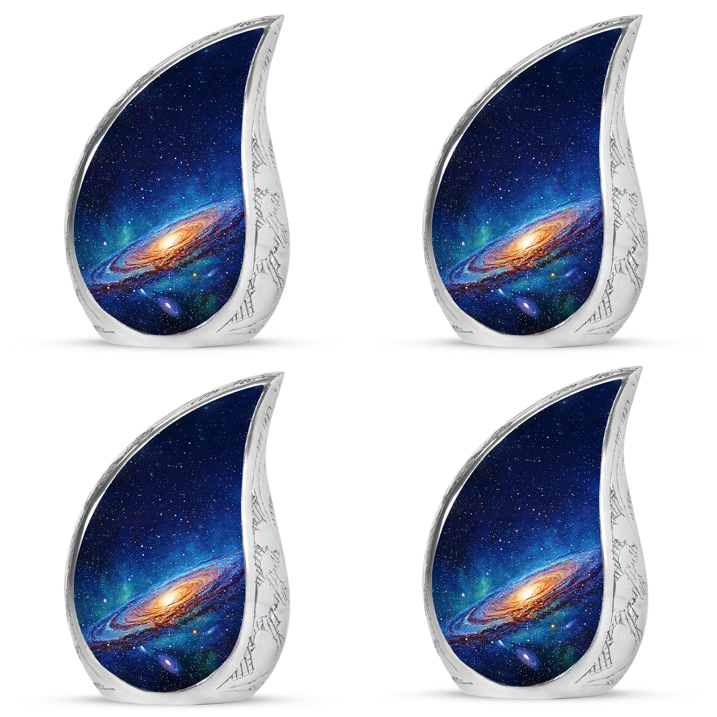 Twilight Blue Galaxy Cremation Urn close-up of engraving and surface detail - graceful tear-shaped urn with galaxy motif - 10 inch aluminum urn for cremated remains