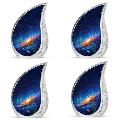 Twilight Blue Galaxy Cremation Urn close-up of engraving and surface detail - graceful tear-shaped urn with galaxy motif - 10 inch aluminum urn for cremated remains